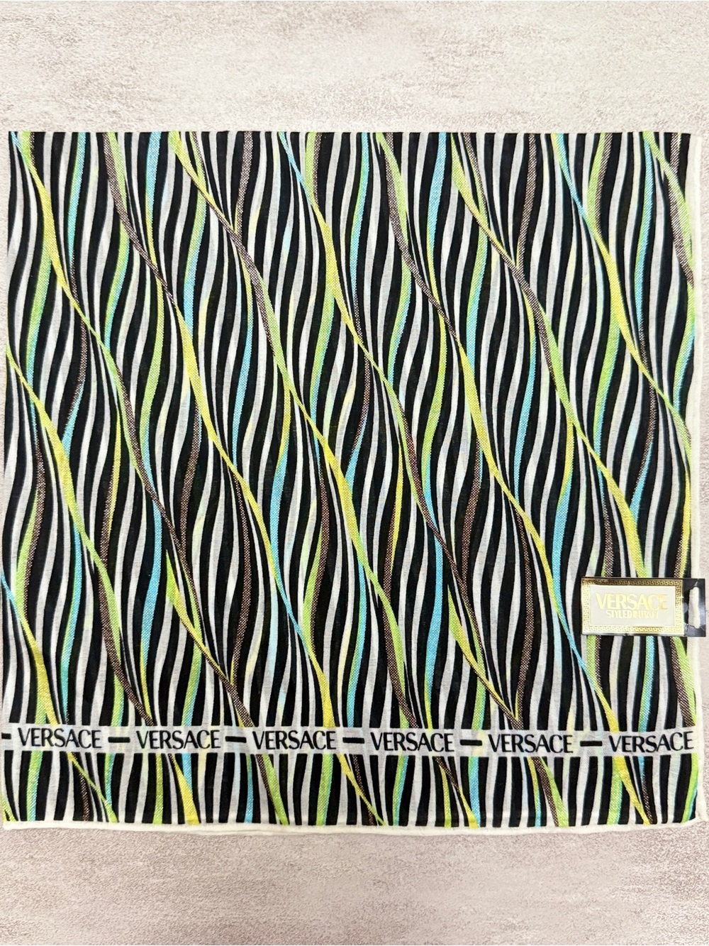 Versace Black White Lime Aqua Wavy Pattern Throw